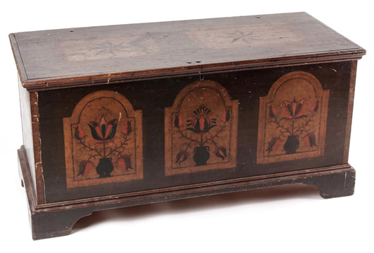 Important Wythe Co., Virginia paint-decorated poplar blanket chest dated 1802 in excellent original condition. Estimate: $20,000-$30,000. Jeffrey S. Evans & Associates image.  