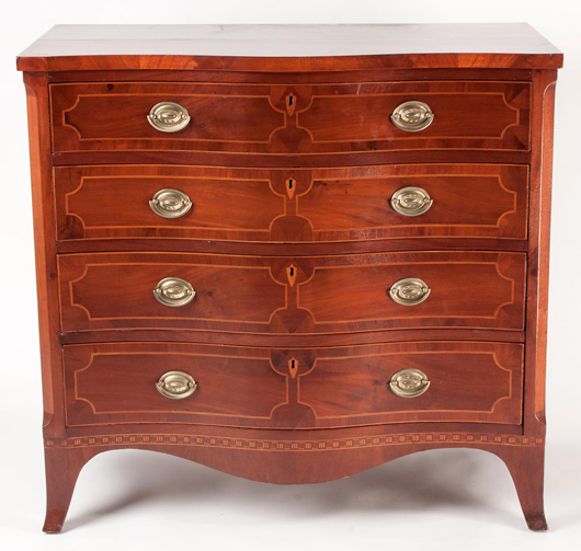Outstanding Shenandoah Valley of Virginia Federal inlaid and banded mahogany chest of drawers, yellow pine secondary wood, circa 1800. Estimate: $15,000-$20,000. Jeffrey S. Evans & Associates image.