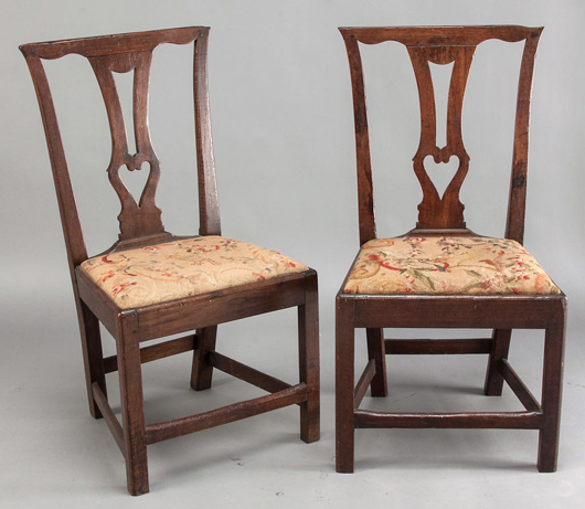 Important pair of Southside Virginia Chippendale black walnut side chairs, probably Southampton or Greensville Co., circa 1765-1785, in outstanding original condition. Estimate: $8,000-$12,000. Jeffrey S. Evans & Associates image.
