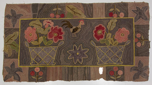 Graphic 19th century American folk art hooked rug, 36 x 64 inches, in as-found condition. Estimate: $1,000-$2,000. Jeffrey S. Evans & Associates image. Jeffrey S. Evans & Associates image.