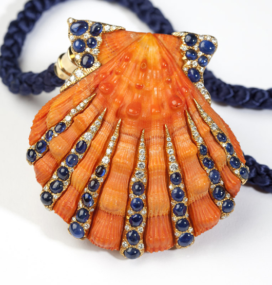 This exceptional natural shell, diamond and sapphire necklace by Italian-American jewelry legend Verdura achieved a price of $96,000, well over the conservative estimate of $10,000 to $15,000. John Moran Auctioneers image.