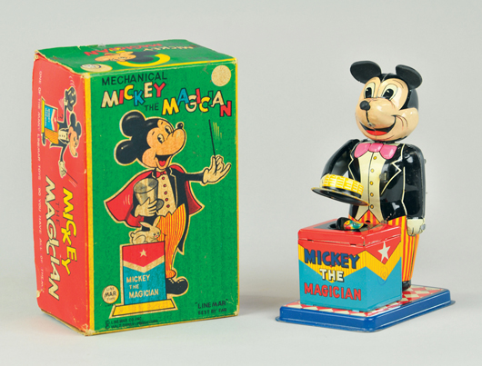Linemar tinplate wind-up Mickey the Magician with original box, $4,100. Bertoia Auctions image.