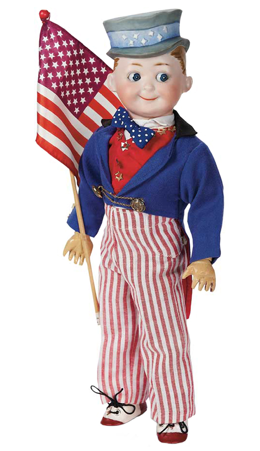 This Uncle Sam was made with googly eyes and a fancy cap, but no beard. This is a German doll made in about 1918, the year World War I ended. He is carrying a U.S. flag. The bisque doll, 14 inches high, sold for $2,350 at a 2012 auction hosted by Theriault's of Annapolis, Md.