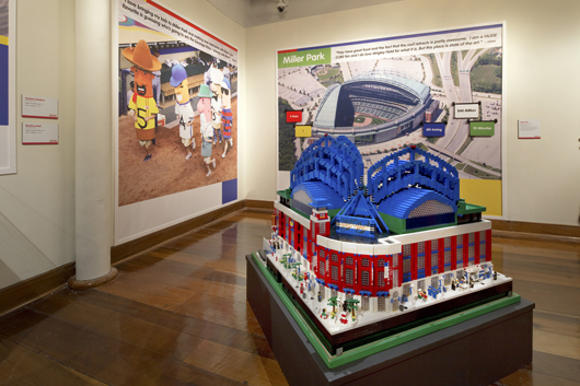 A minutely detailed Lego re-creation of Miller Park, home of the Milwaukee Brewers, from the Big Leagues Little Bricks exhibit at the Louisville Slugger Museum. Image courtesy of Louisville Slugger Factory & Museum and Lego Big Leagues Little Bricks.