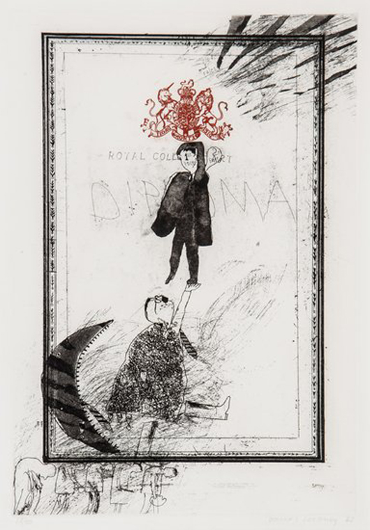 David Hockney (b. 1937-), Diploma (T.28), etching with aquatint, 1962. Est. £12,000-£18,000. Bloomsbury image.