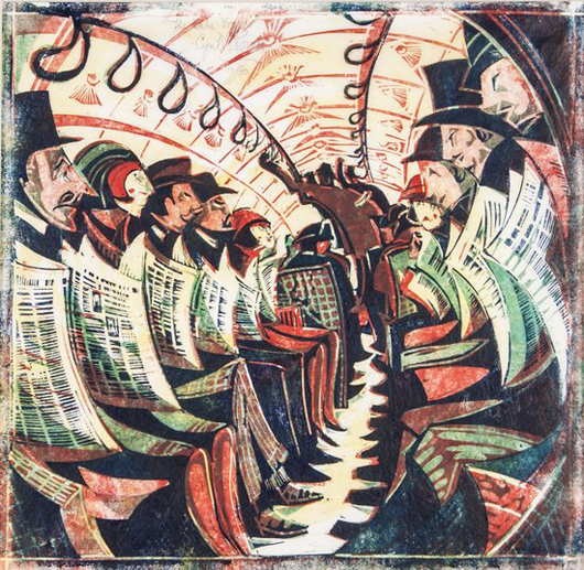 Cyril Edward Power (1874-1951), The Tube Train, (C.C.E.P. 41), linocut printed in colors, circa 1934. Est. £50,000-£70,000. Bloomsbury image.