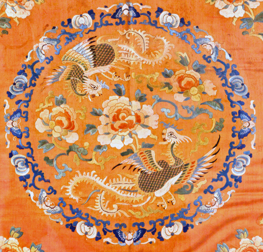 Framed Chinese embroidery depicting flowers and birds, 30.5 inches tall. Estimate $400-$600. Linwoods image.