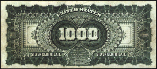 Back of 1891 silver certificate auctioned by Stack's Bowers Galleries for $2.6 million. Image courtesy of Stack's Bowers Galleries.