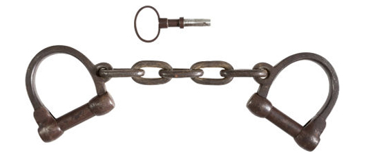Leg irons or shackles believed to have been used on John Brown during his incarceration at the Charleston, Va., jail following his arrest during the raid at Harper's Ferry, Oct. 17, 1859. Est. $10,000-$15,000 in Heritage June 22, 2013 auction.