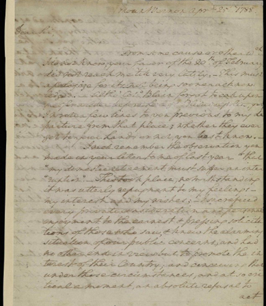 Signed, holographic George Washington letter written at Mount Vernon, April 25, 1788, and sent to John Armstrong (1717-1795). Auctioned at Christie's New York gallery on June 21, 2013 for $1,443,750. Courtesy Christie's Images Ltd. 2013.