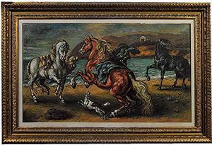 GIORGIO DE CHIRICO (1888-1978), Cavalli presso un golfo dell’Egeo, 1930 ca., Olio su tela, 68x116 cm. Stima: €150.000-200.000, Courtesy Gioielli di Carta