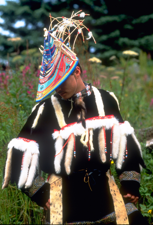An Alutiiq, or Sugpiat, dancer participating in a biennial 'Celebration' cultural event. 2005 photo by Christopher Mertl.