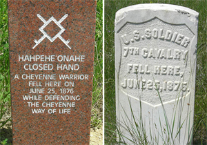 Marker stones at the Little Bighorn Battlefield, Montana. At left: the marker for a Cheyenne warrior, Hahpehe' Onahe (Closed Hand). At right: the marker for a US 7th Cavalry soldier. Both photos by Mark A. Wilson, Dept. of Geology, The College of Wooster.