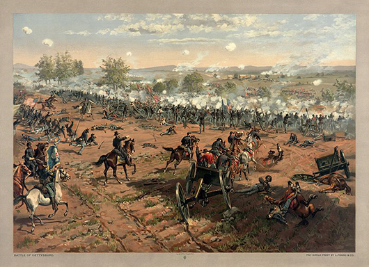L. Prang & Co. print of the 1887 painting 'Hancock at Gettysburg' by Thure de Thulstrup, showing Pickett's Charge in the Battle of Gettysburg. Restoration by Adam Cuerden of scan from original in US Library of Congress. 