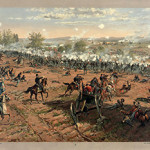 L. Prang & Co. print of the 1887 painting 'Hancock at Gettysburg' by Thure de Thulstrup, showing Pickett's Charge in the Battle of Gettysburg. Restoration by Adam Cuerden of scan from original in US Library of Congress.