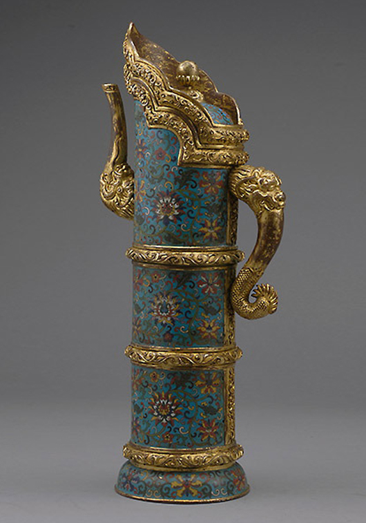 Tibetan cloisonne enamel ewer and cover, Qianlong mark and mark of the period.Sold for $53,100. Michaan's image.