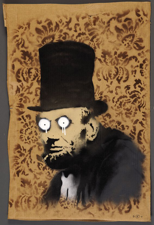 Banksy (English), portrait on cardboard of Abraham Lincoln. To be auctioned in Neal Auction Co.'s July 13-14 sale. Image courtesy of Neal Auction Co.