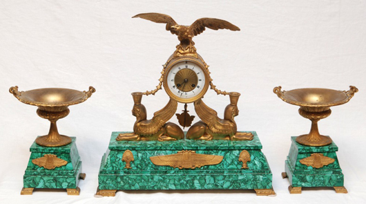3-piece F. Pelissier gilded French bronze and malachite Egyptian Revival garniture clock set. Elite Decorative Arts image.
