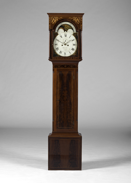 Charles Tinges inlaid Baltimore Federal tall-case clock, estimate $20,000/40,000. Cowan's image.