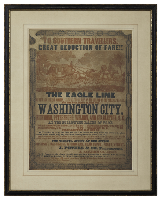 Rare Southern illustrated stagecoach broadside, 1855. Price realized: $10,575. Cowan’s Auctions Inc. image. 