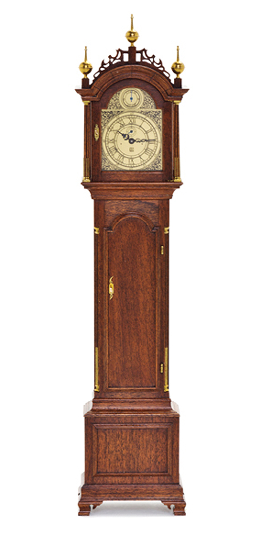 Miniature American Federal tall-case clock, William R. Robertson, 7 7/8 in, est. $1,000-$2,000. Leslie Hindman Auctioneers image.