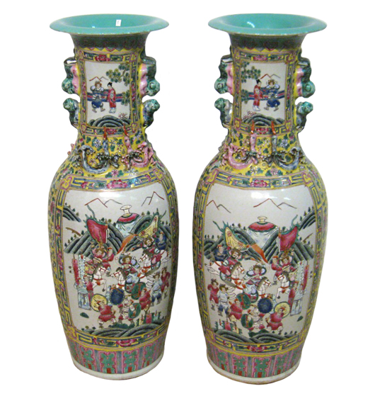 Pair of Cantonese famille rose vases, decorated with a Chinese opera story, 35 1/2 inches tall. Gordon S. Converse & Co. image.
