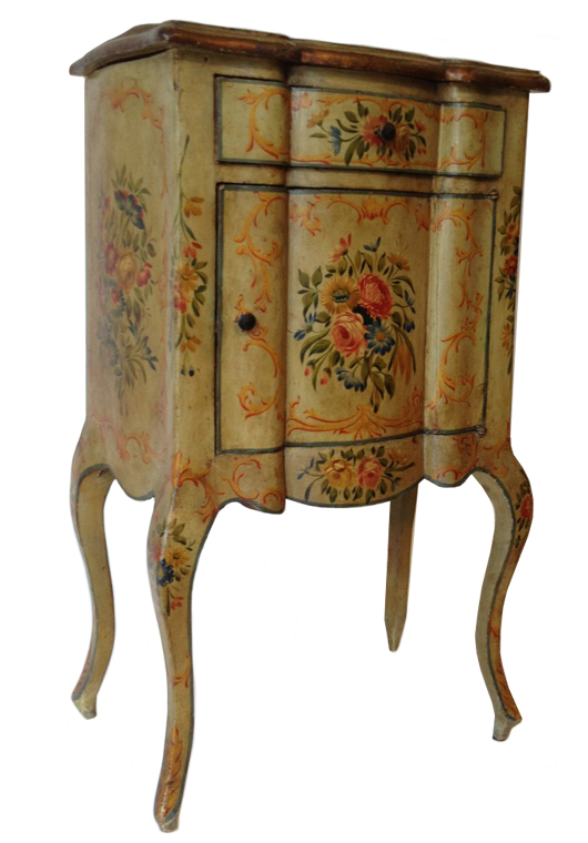 Cabinet hand-painted all over with floral images, a single drawer set above a one-door cabinet on cabriole legs. Gordon S. Converse & Co. image.