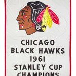 The original banner commemorating the Chicago Blackhawks' 1961 NHL championship sold at auction Tuesday for $37,500. Leslie Hindman Auctioneers image.