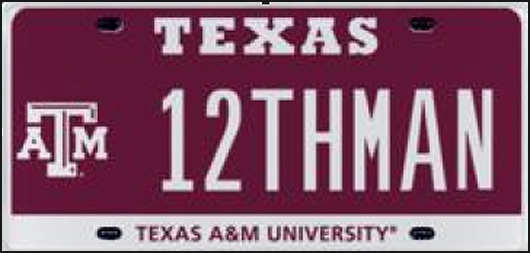 Never before made available, the one and only license plate honoring Texas A&M University's 12th Man tradition will be auctioned in an online event running from Aug. 12 through Sept. 12, 2013. Image courtesy of myplates.com.