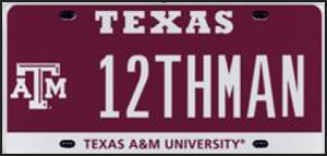 Never before made available, the one and only license plate honoring Texas A&M University's 12th Man tradition will be auctioned in an online event running from Aug. 12 through Sept. 12, 2013. Image courtesy of myplates.com.