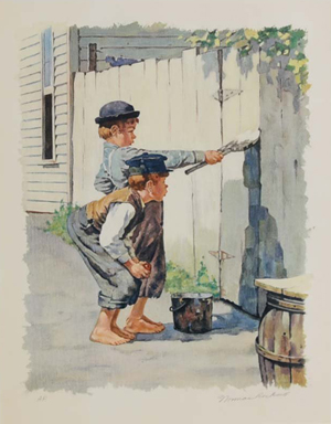 Norman Rockwell (American, 1894-1978), 'White Washing The Fence,' Tom Sawyer series lithograph 20in x 15in (image), pencil signed lower right, artist's proof. Sold Jan. 27, 2013 by Fairfield Auction. Image courtesy of LiveAuctioneers.com Archive and Fairfield Auction LLC.