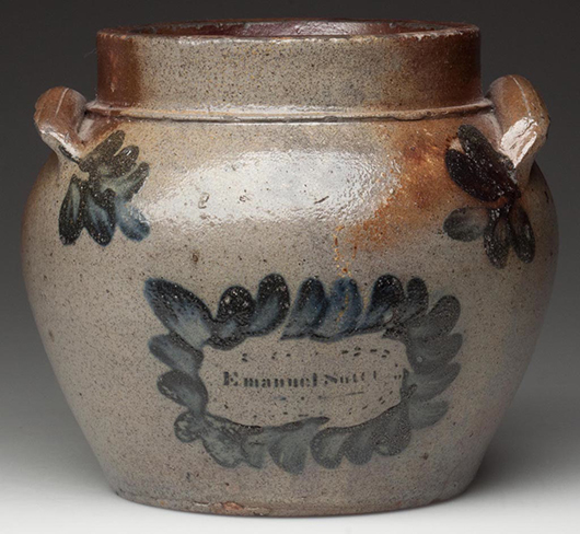 Signed ‘Emanuel Suter,’ Rockingham Co., Shenandoah Valley of Virginia salt-glazed stoneware honey or sugar pot, circa 1851. The 5-inch pot sold for $86,250, a new record price for Virginia pottery. Jeffrey S. Evans & Associates image.