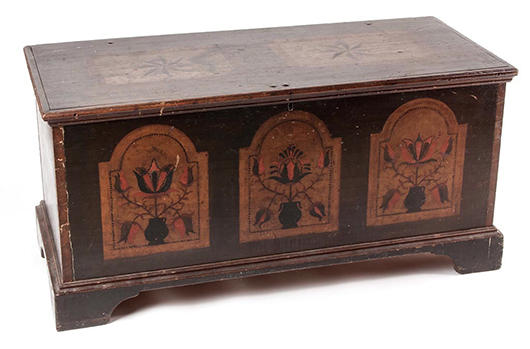 Important Wythe Co., Va., paint-decorated poplar blanket chest dated 1802. Price: $34,500. Jeffrey S. Evans & Associates image.