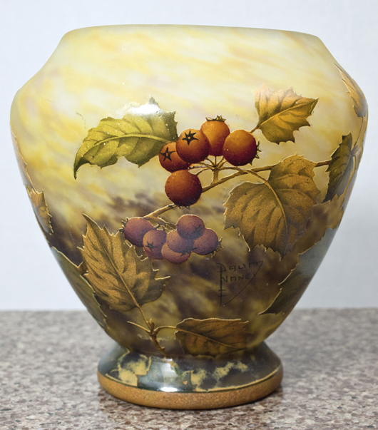 Daum Nancy cameo glass vase, 7 1/4 inches high x 7 inches diameter, circa 1910. Southeast Shows & Auctions image. 