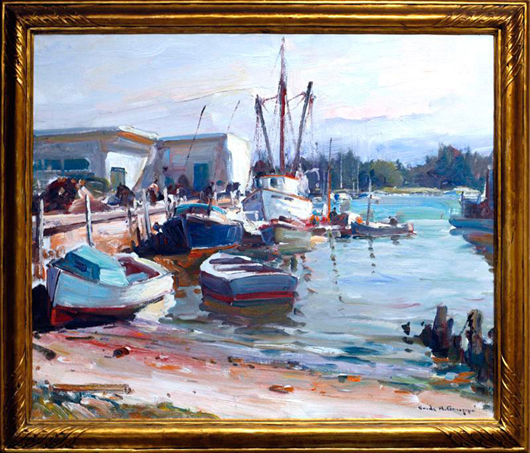 Emile Gruppe, ‘Fishing Docks, Naples,’ oil on canvas, 25 inches x 30 inches, circa 1960s. Southeast Shows & Auctions image.