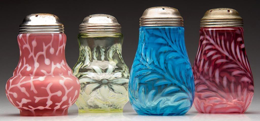 Sample of the more than 100 opalescent and other sugar shakers. Jeffrey S. Evans & Associates image.
