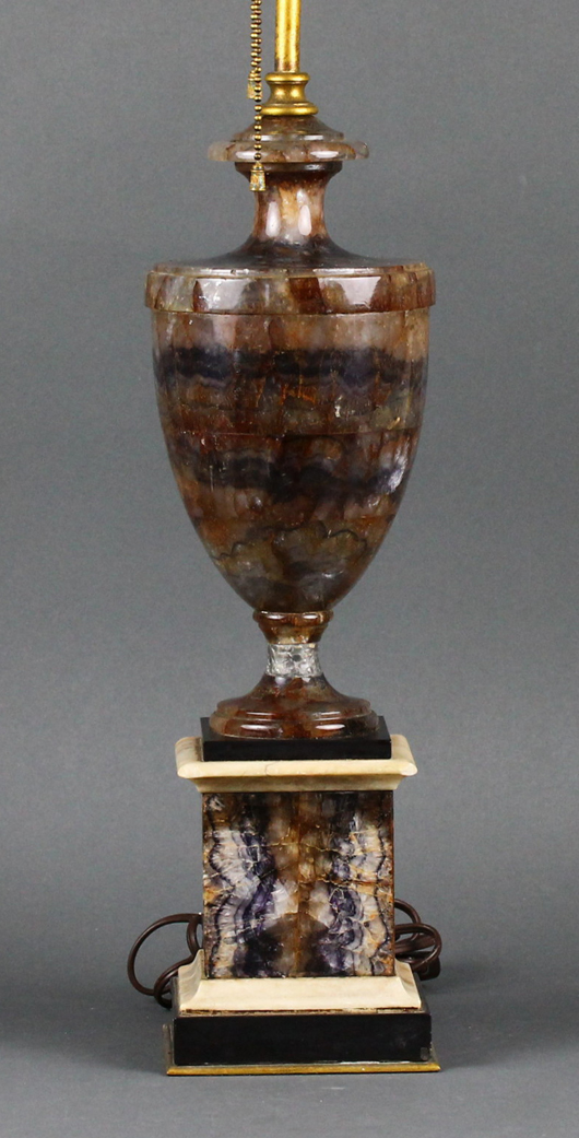 19th-century English ‘blue john,’ white marble and slate urn on pedestal, electrified to function as a lamp. Est. $3,000-$5,000. Manatee Galleries image.