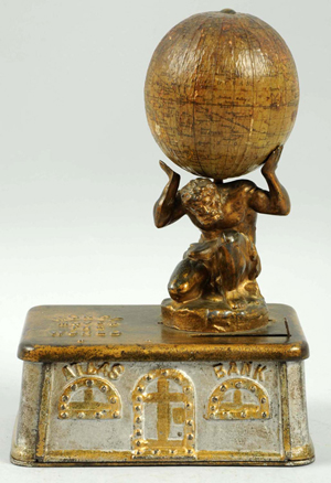 Atlas cast-iron mechanical bank, $12,000. Morphy Auctions image.