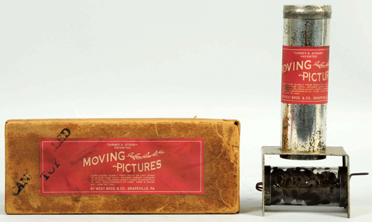 Moving Pictures kaleidoscope candy container made by West Bros. & Co. of Grapeville, Pa., accompanied by original box, $7,200. Morphy Auctions image.