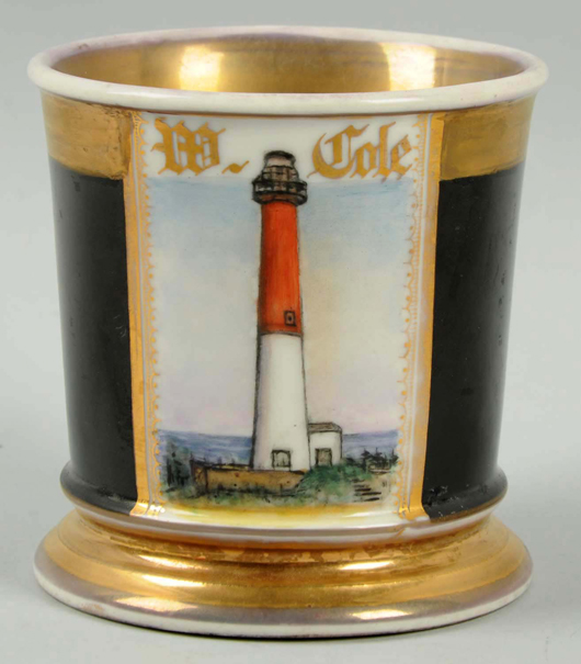 Antique occupational shaving mug depicting a lighthouse, $3,900. Morphy Auctions image.