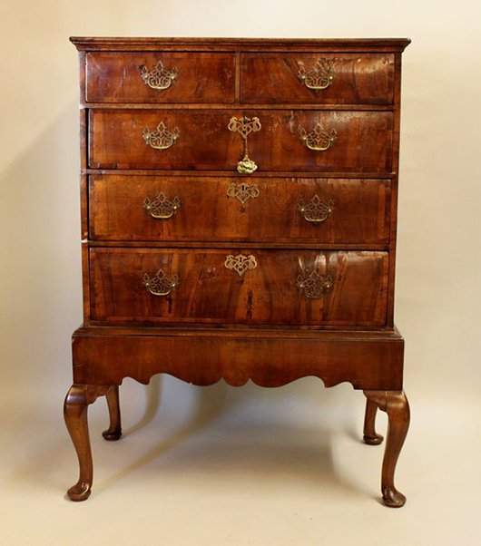 Gorgeous 18th century Queen Anne chest on stand, one of many fine period furniture pieces to be sold. Ahlers & Ogletree image.