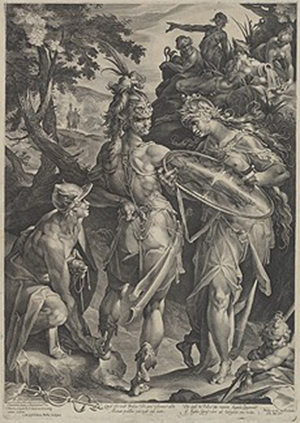 Jan Muller, after Bartholomaeus Spranger, 'Minerva and Mercury Arming Perseus,' 1604, engraving, National Gallery of Art, Washington, Gift of Ruth Cole Kainen.