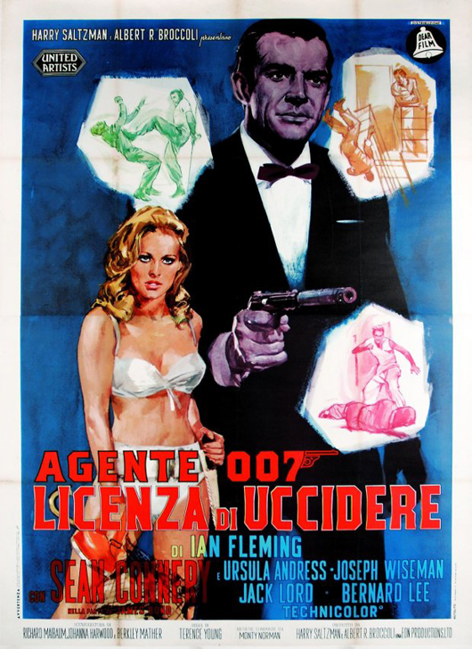 Agente 007 Licenza di uccidere, affisso 4 fogli in prima edizione italiana 1963, cm 140x200, base d'asta €1.900, stima €4.000. Courtesy Little Nemo, Torino.