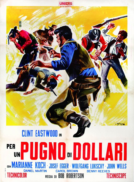 ‘A Fistful of Dollars,’ by Sergio Leone (credited as Bob Robertson) with Clint Eastwood and Gian Maria Volontè. Scarce first Italian edition two-sheet poster designed by Symeoni (Alessandro Simeoni) for Favalli, starting bid €1,400, estimate €2,800. Courtesy Little Nemo, Turin.