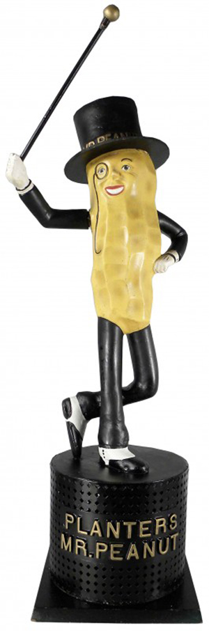 Extremely rare 28-in-tall Mr. Peanut tapper used as window display to capture attention of passersby. Sold by Showtime Auction Services on April 2, 2011 for $23,000. Image courtesy of LiveAuctioneers.com Archive and Showtime Auction Services.