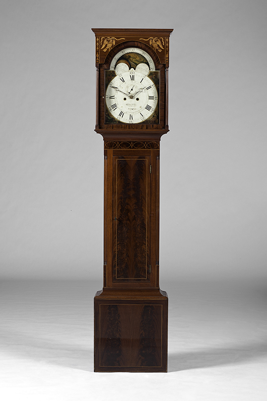A Charles Tinges inlaid Baltimore federal tall-case clock sold for $18,000. Cowan’s Auctions Inc. image.