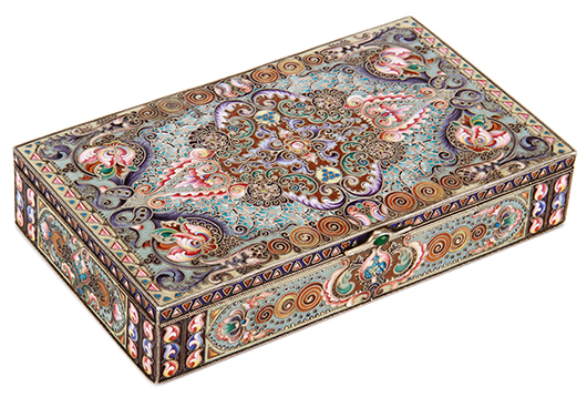 While only 6.5 inches in length, the Russian silver and enamel box by the 11th Artel, circa 1900, sold for $18,125. Jackson’s image.