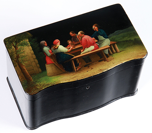 One of a group of Russian lacquerware items (circa 1825-1945) and forming a collection comprising about 100 lots that totaled $110,000. Jackson’s image.