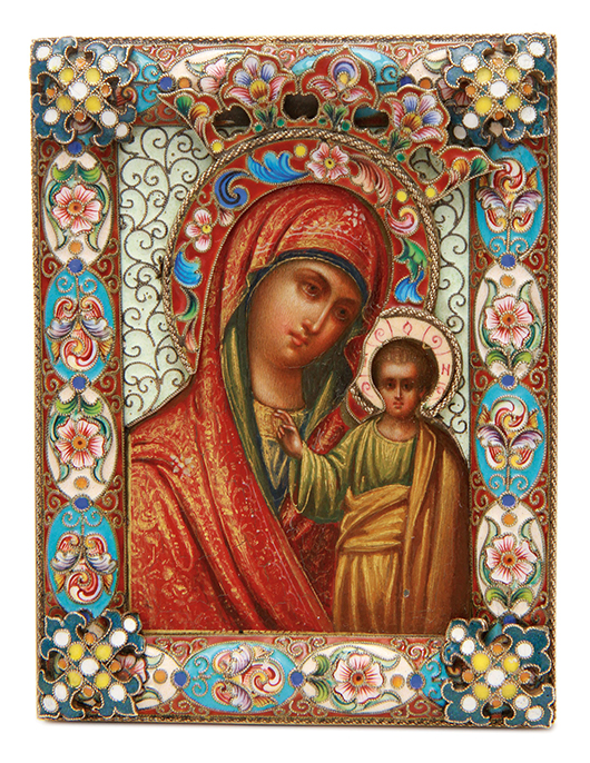 The diminutive Russian icon of the Kazan Virgin measuring just slightly over 3.5 inches and made by the firm of Feodor Ruckert, Moscow, circa 1899-1908, sold to a buyer from Moscow for $52,500. Jackson’s image.