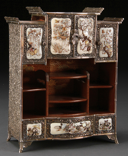 Measuring only 9.25 inches high, this Japanese silver and shibayama cabinet from the late 19th century sold for $21,250. Jackson’s image.